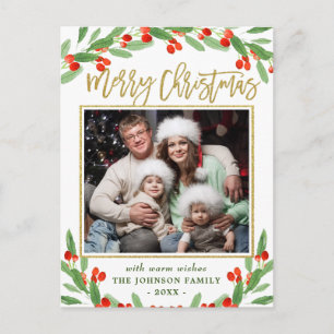 Holly Berry Branch PHOTO Christmas Greeting Postcard