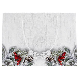 Holly Berry Branch Rustic Christmas Holiday Large Gift Bag
