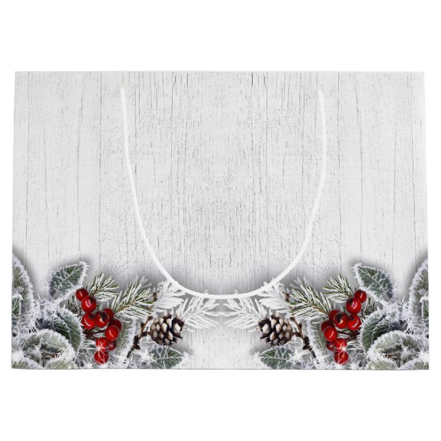 Holly Berry Branch Rustic Christmas Holiday Large Gift Bag (Front)