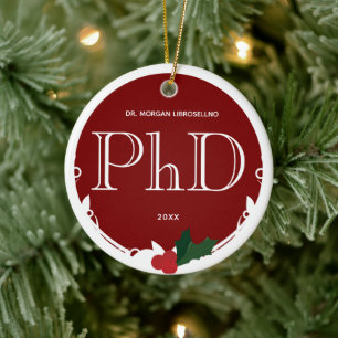 Holly Berry Burgundy White PhD Graduation Name Ceramic Ornament