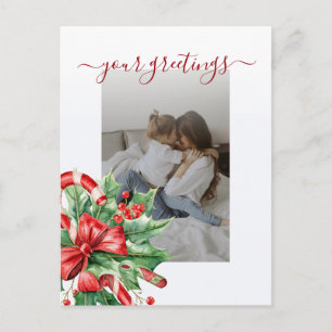 Holly Berry Candy Script Family Photo Greetings Postcard