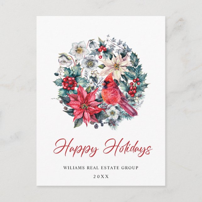 Holly Berry Cardinal Christmas Corporate Greeting Postcard (Front)