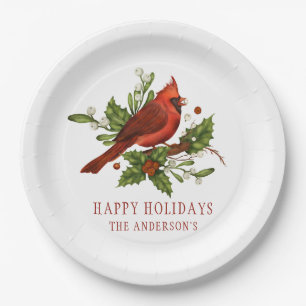 Holly Berry Cardinal Holiday Monogram Mistletoe Paper Plate