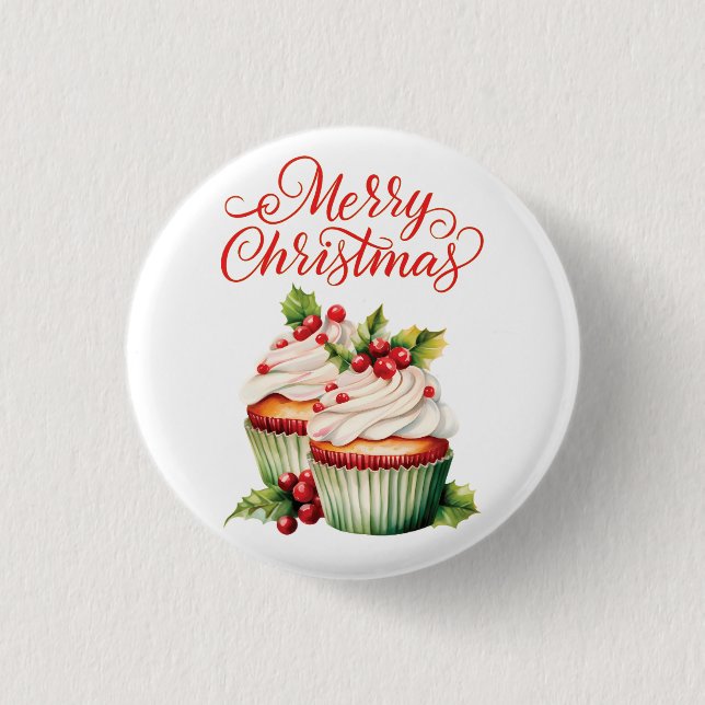 Holly Berry Christmas Cupcake 1 Inch Round Button (Front)