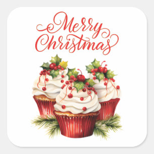 Holly Berry Christmas Cupcake Square Sticker