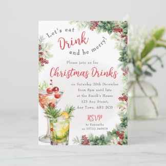 Holly Berry Christmas Drinks Cocktail Invitation