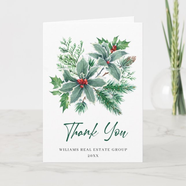 Holly Berry Christmas Greeting Holiday Thank You Card (Front)