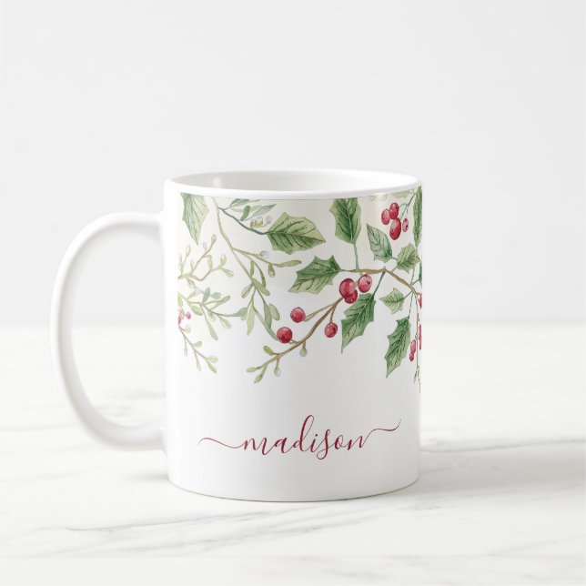 Holly Berry Christmas Holiday | Custom Script Name Coffee Mug (Left)