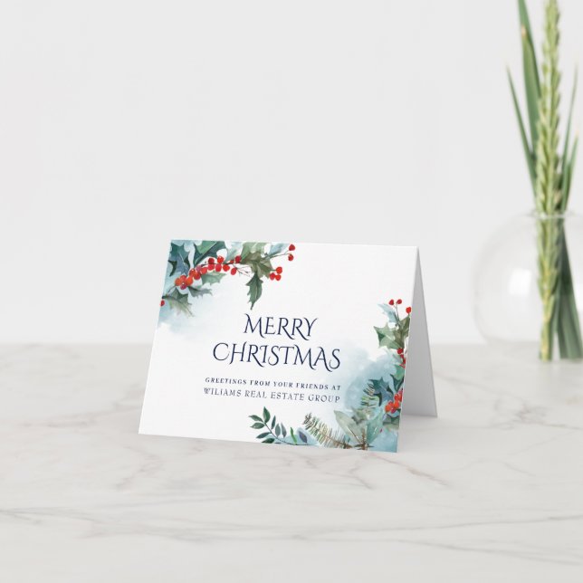 Holly Berry Christmas Mistletoe Corporate Greeting Holiday Card (Front)
