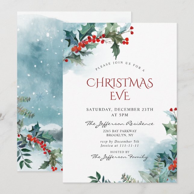 Holly Berry Christmas Mistletoe Holiday EVE Invitation (Front/Back)