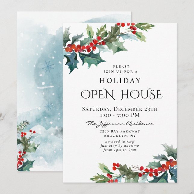 Holly Berry Christmas Mistletoe Holiday OPEN HOUSE Invitation (Front/Back)