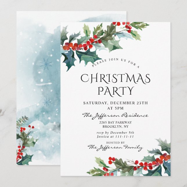Holly Berry Christmas Mistletoe Holiday Party Invitation (Front/Back)