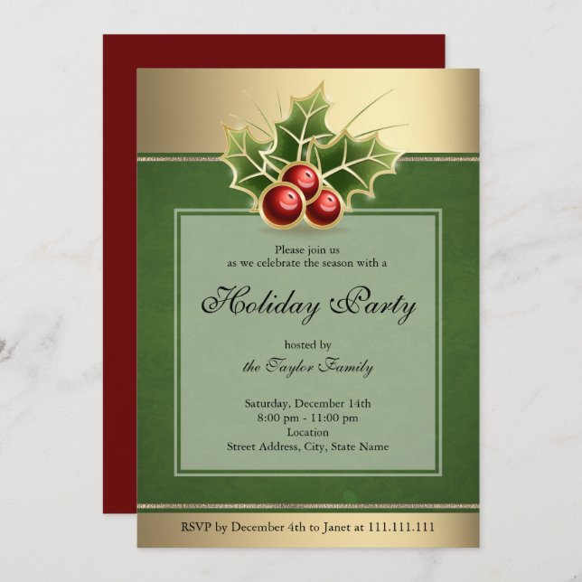 Holly Berry Christmas Party Invitation verte (Devant / Derrière)