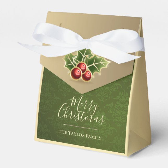 Holly Berry Christmas Personalized Green Damask Favor Box (Front Side)
