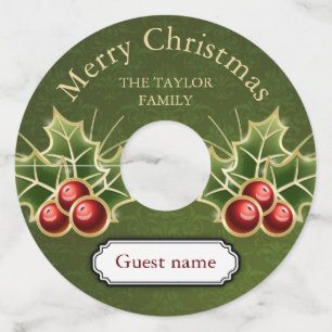 Holly Berry Christmas Personalized Green Damask Wine Glass Tag