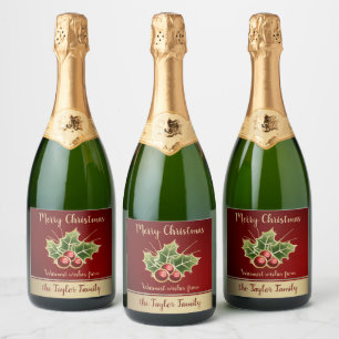 Holly Berry Christmas Personalized Red Sparkling Wine Label