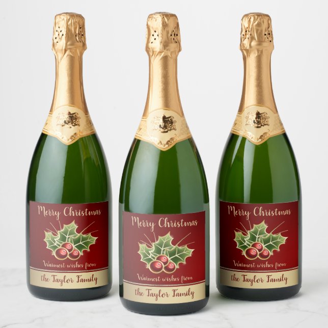 Holly Berry Christmas Personalized Red Sparkling Wine Label (Bottles)