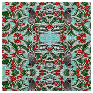 Holly Berry Christmas Quail Fabric