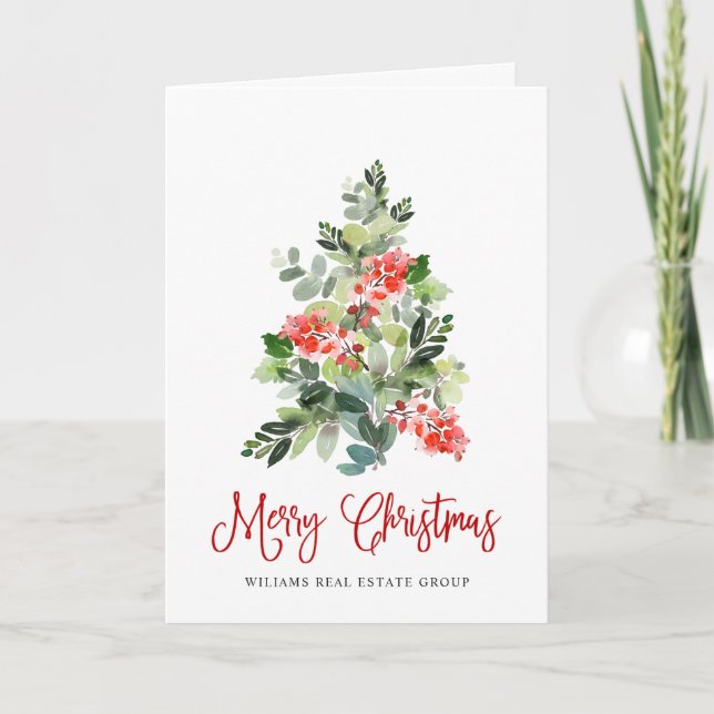 Holly Berry Christmas Tree Corporate Greeting Holiday Card (Front)