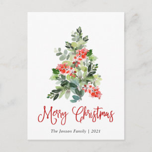 Holly Berry Christmas Tree Greeting Watercolor Holiday Postcard
