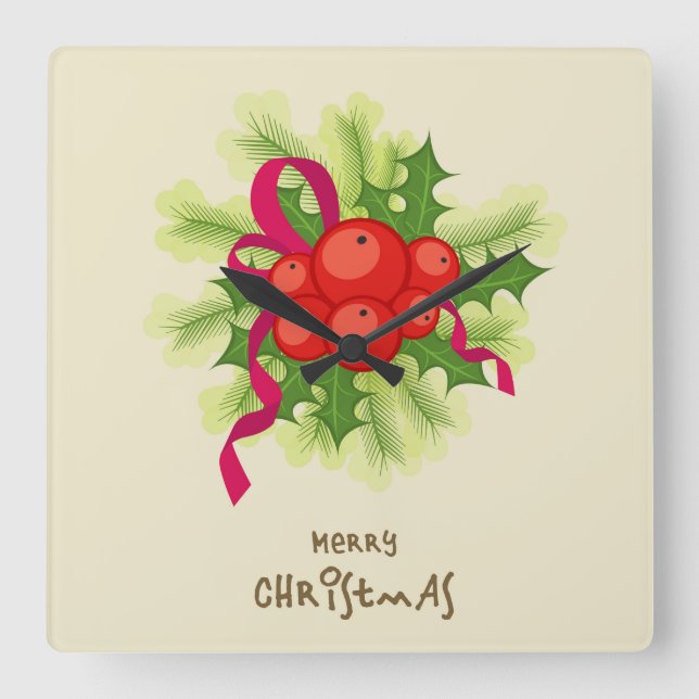 Holly Berry Christmas Wall Clock (Front)
