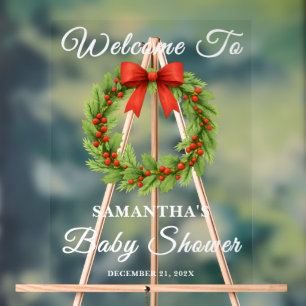 Holly Berry Christmas Wreath Baby Shower Welcome Acrylic Sign
