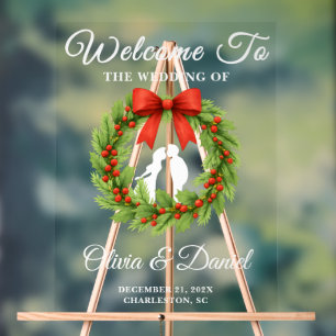 Holly Berry Christmas Wreath Wedding Welcome Acrylic Sign