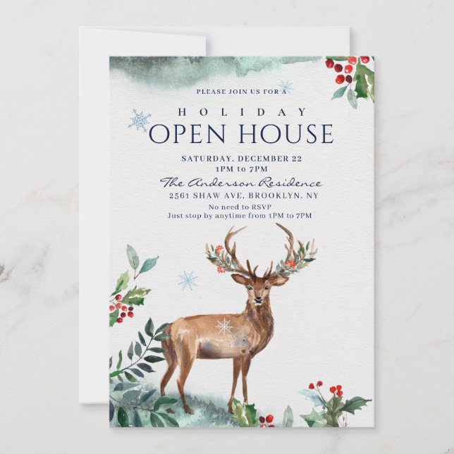 Holly Berry Deer Christmas Holiday Open House Invitation (Front)