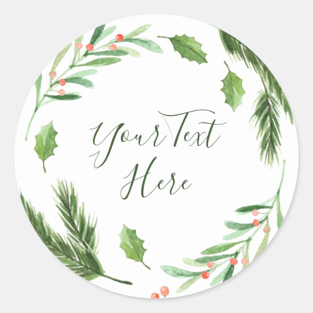Holly Berry Foliage Watercolor Christmas Custom Classic Round Sticker (Front)