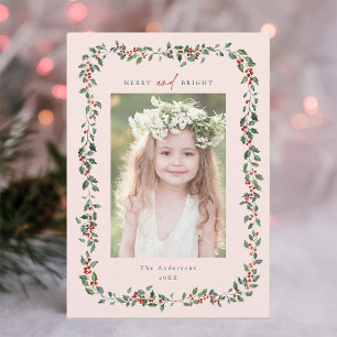 Holly Berry Frame Merry & Bright Photo Blush Pink Holiday Card