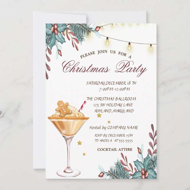 Holly Berry Gingerbread Cookie Drink Christmas  Invitation (Front)
