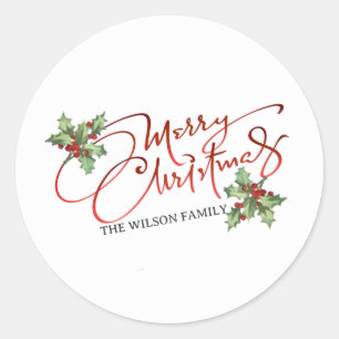Holly Berry Gradient Red Script Merry Christmas  Classic Round Sticker