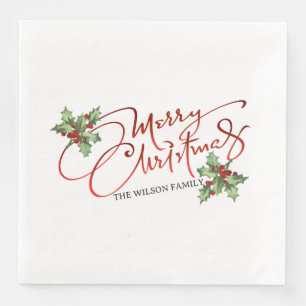 Holly Berry Gradient Red Script Merry Christmas  Napkin