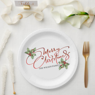 Holly Berry Gradient Red Script Merry Christmas Paper Plate