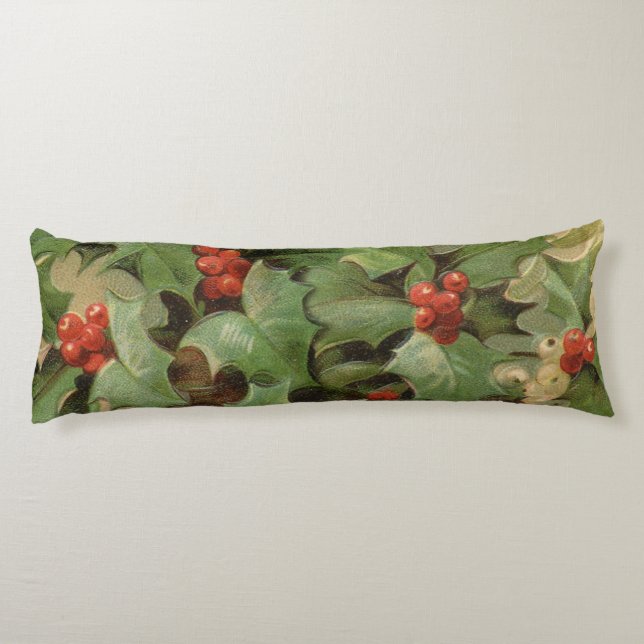 Holly Berry Greenery Christmas Holiday Vintage Body Pillow (Back)