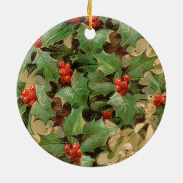 Holly Berry Greenery Christmas Holiday Vintage Ceramic Ornament (Back)