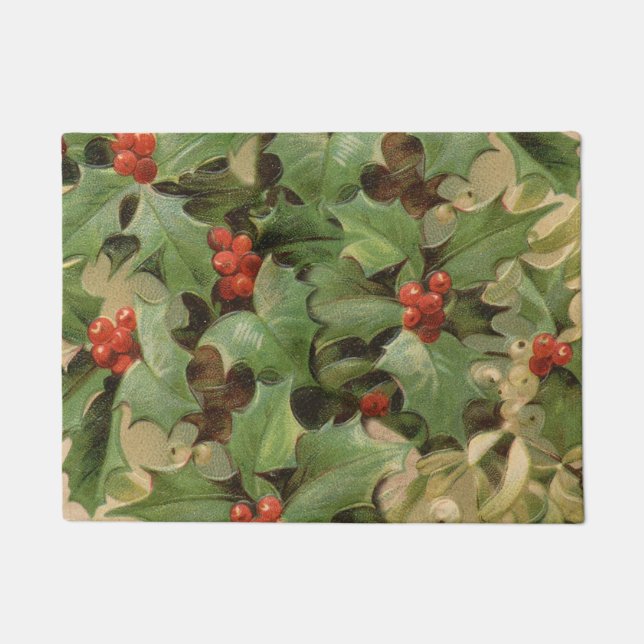 Holly Berry Greenery Christmas Holiday Vintage Doormat (Front)