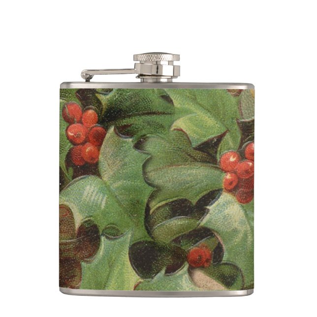 Holly Berry Greenery Christmas Holiday Vintage Hip Flask (Front)