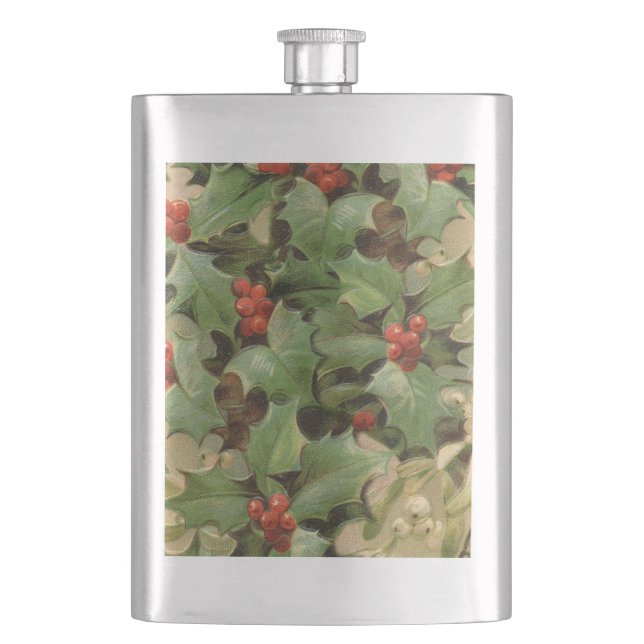 Holly Berry Greenery Christmas Holiday Vintage Hip Flask (Front)
