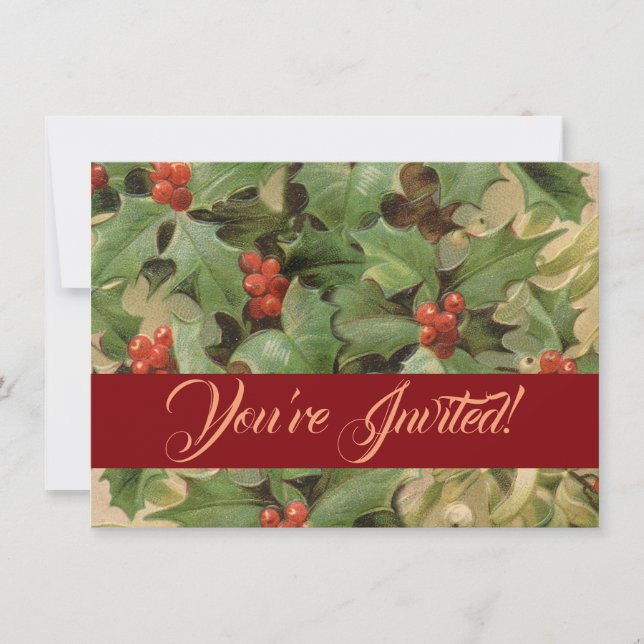 Holly Berry Greenery Christmas Holiday Vintage Invitation (Front)