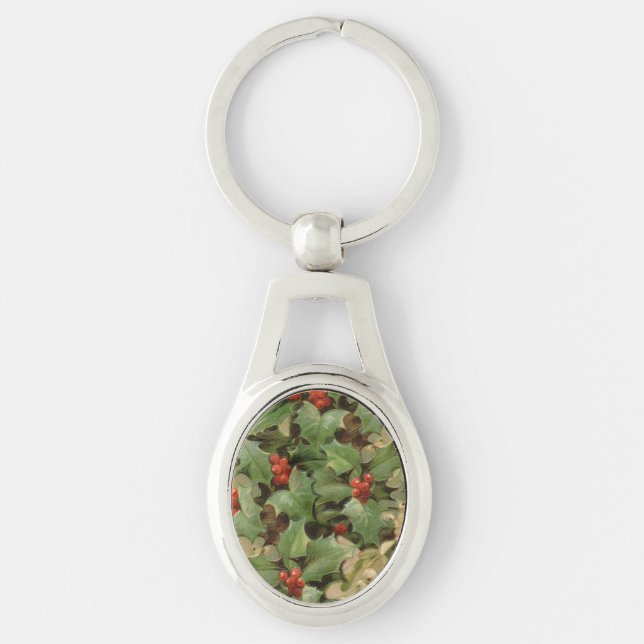 Holly Berry Greenery Christmas Holiday Vintage Keychain (Front)