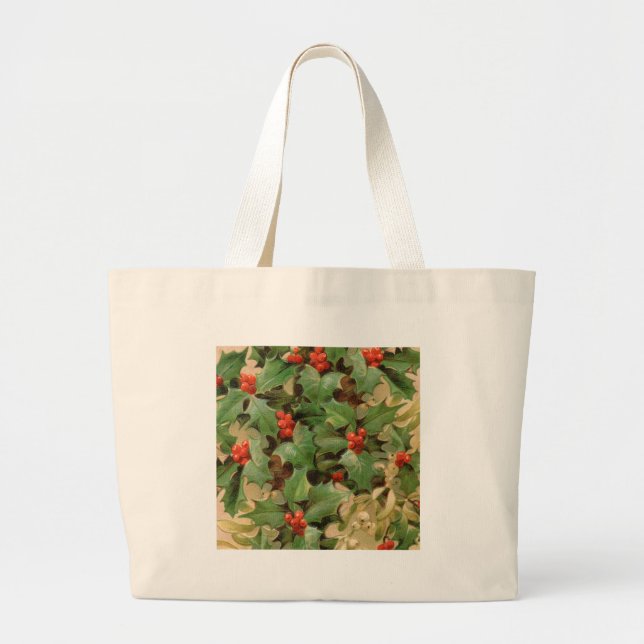 Holly Berry Greenery Christmas Holiday Vintage Large Tote Bag (Front)