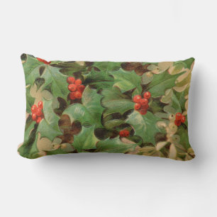 Holly Berry Greenery Christmas Holiday Vintage Lumbar Pillow