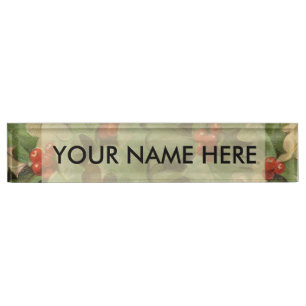 Holly Berry Greenery Christmas Holiday Vintage Nameplate