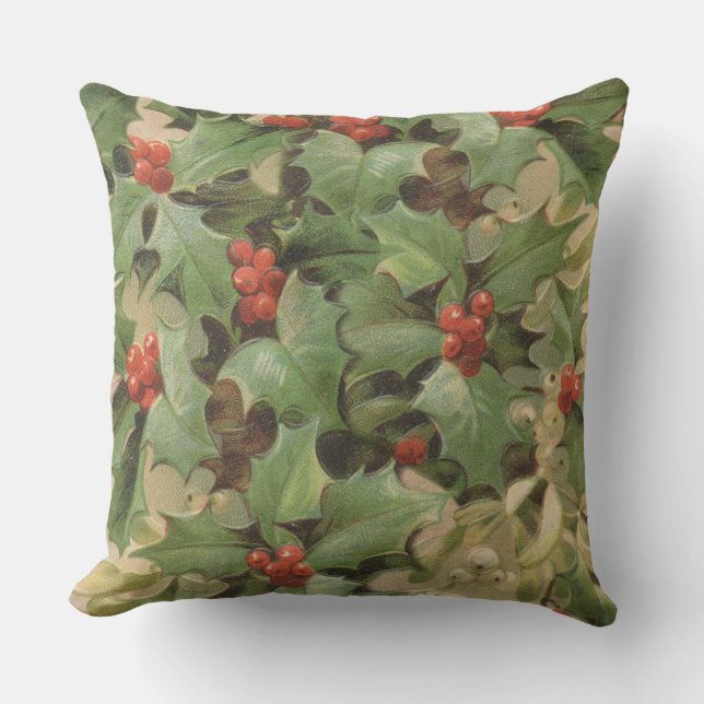 Holly Berry Greenery Christmas Holiday Vintage Outdoor Pillow (Front)