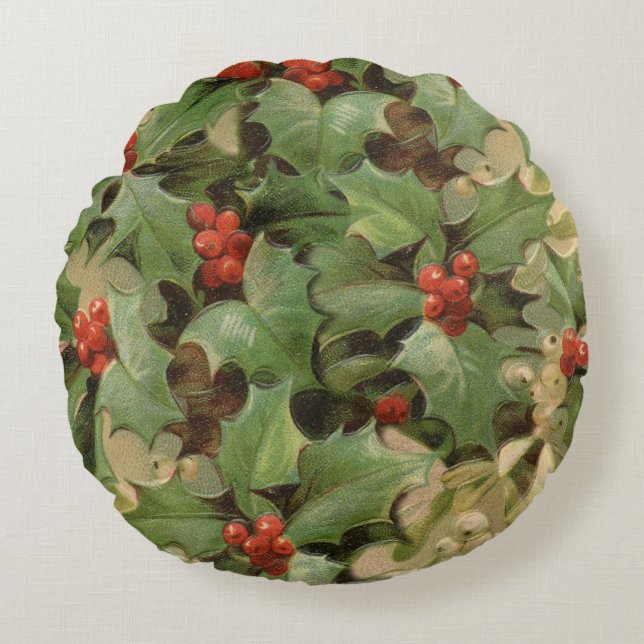 Holly Berry Greenery Christmas Holiday Vintage Round Pillow (Front)