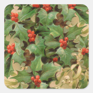 Holly Berry Greenery Christmas Holiday Vintage Square Sticker