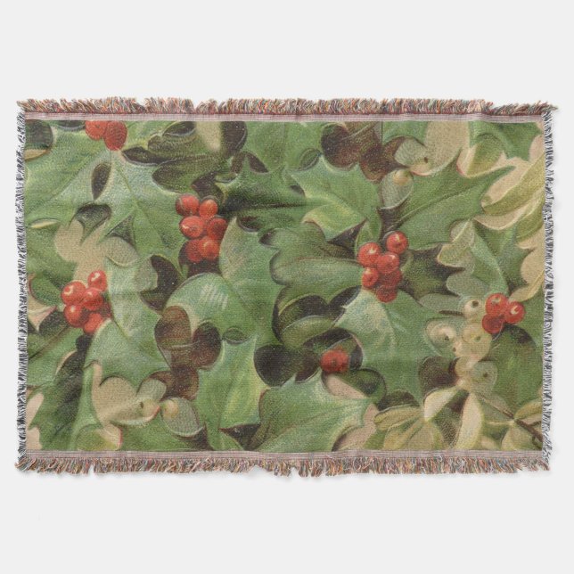 Holly Berry Greenery Christmas Holiday Vintage Throw Blanket (Front)