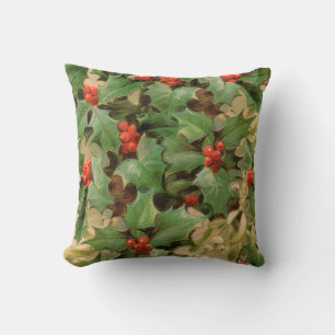 Holly Berry Greenery Christmas Holiday Vintage Throw Pillow