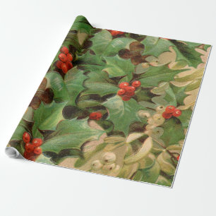 Holly Berry Greenery Christmas Holiday Vintage Wrapping Paper